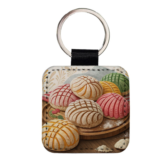 Scattered Conchas Pastry Mexican Sweet Breads Square Faux Leather Keychain