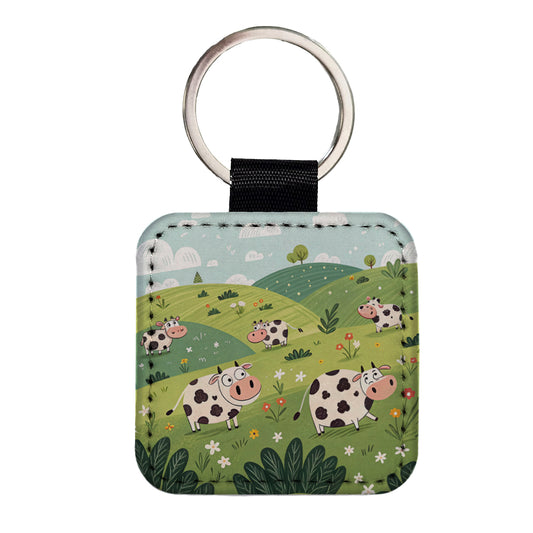 Scattered Cows Square Faux Leather Keychain