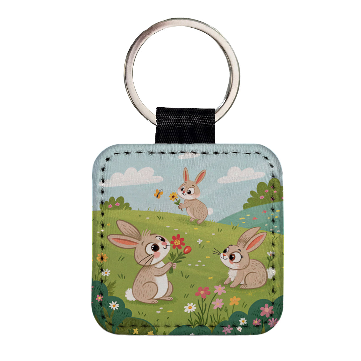Scattered Cute Rabbits Bunnies Easter Square Faux Leather Keychain