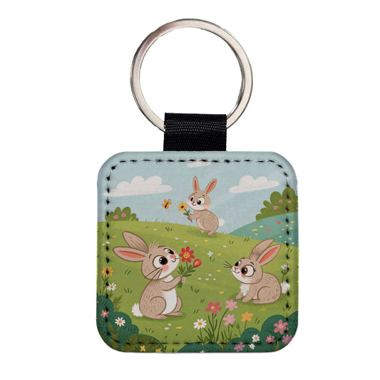 Scattered Cute Rabbits Bunnies Easter Square Faux Leather Keychain