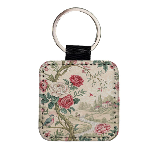 Toile Pattern Flowers Birds Square Faux Leather Keychain