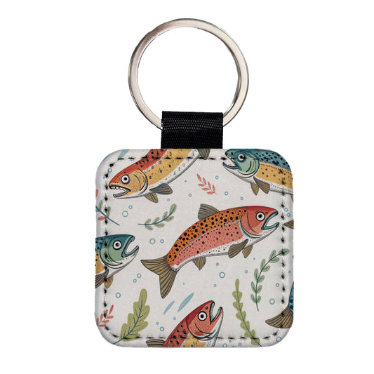 Trout Fish Swimming Fishing Square Faux Leather Keychain