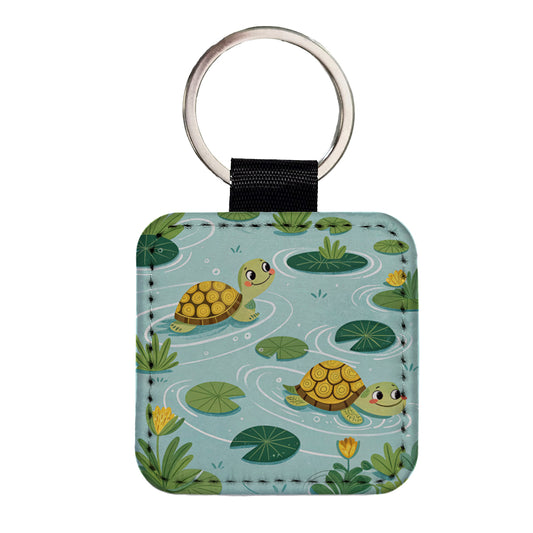 Turtles Swimming In Pond Square Faux Leather Keychain