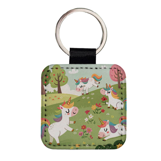 Unicorns Playing Cute Square Faux Leather Keychain