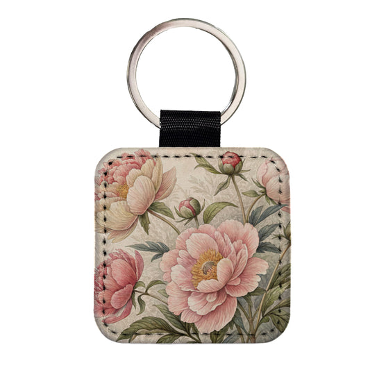 Vintage Peony Flowers Square Faux Leather Keychain