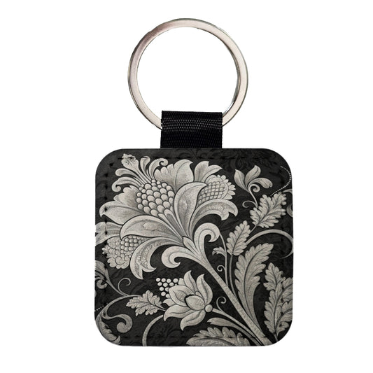 White Damask On Black Square Faux Leather Keychain