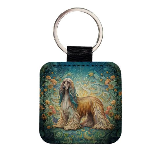 Afghan Hound Dog Art Nouveau Square Faux Leather Keychain