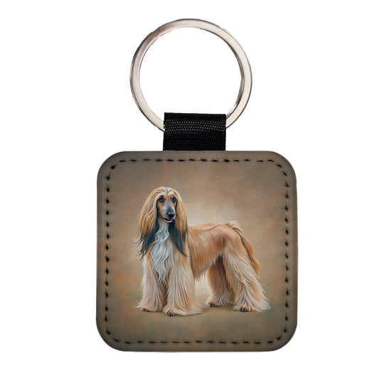 Afghan Hound Dog Illustration Square Faux Leather Keychain