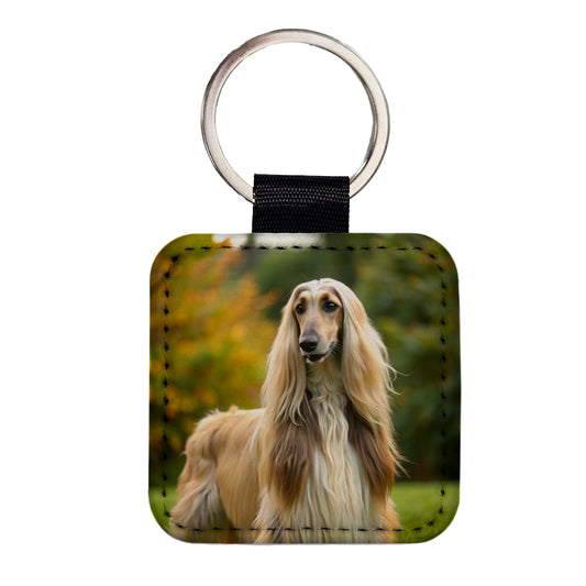 Afghan Hound Dog Photo Square Faux Leather Keychain