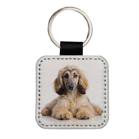 Afghan Hound Dog Puppy Photo Square Faux Leather Keychain