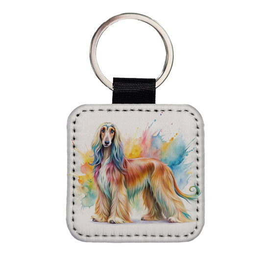Afghan Hound Dog Watercolor Style Square Faux Leather Keychain