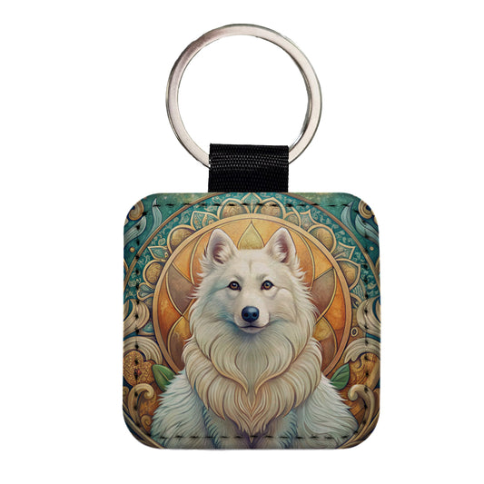 American Eskimo Dog Art Nouveau Square Faux Leather Keychain