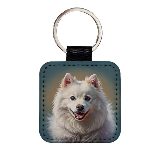 American Eskimo Dog Illustration Square Faux Leather Keychain