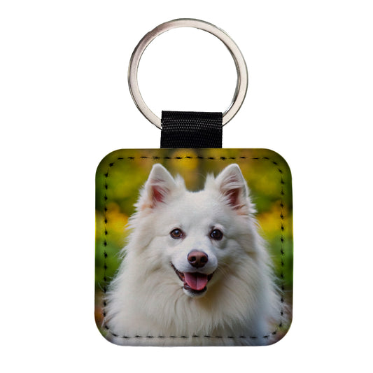 American Eskimo Dog Photo Square Faux Leather Keychain