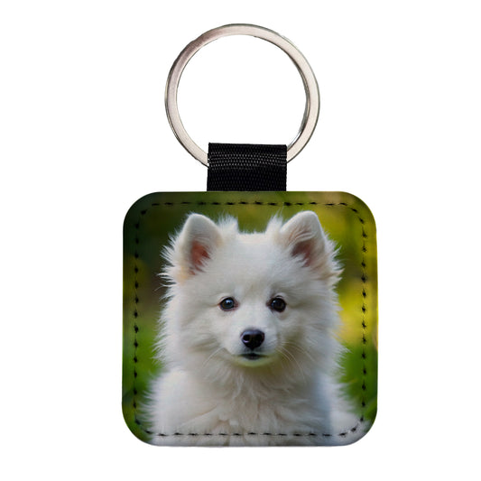 American Eskimo Dog Puppy Photo Square Faux Leather Keychain