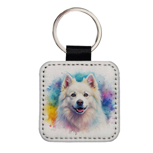 American Eskimo Dog Watercolor Style Square Faux Leather Keychain