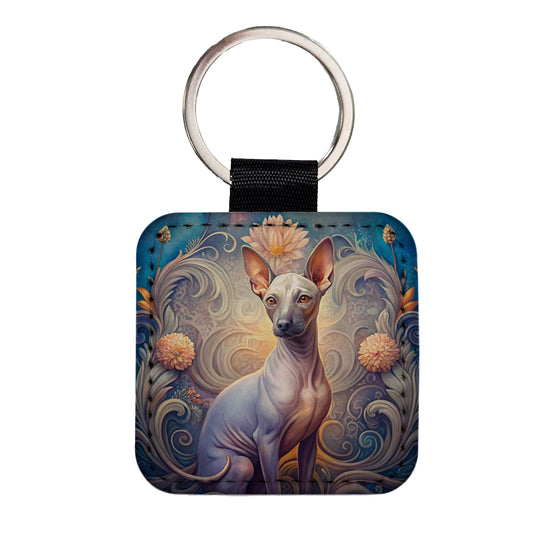 American Hairless Terrier Dog Art Nouveau Square Faux Leather Keychain