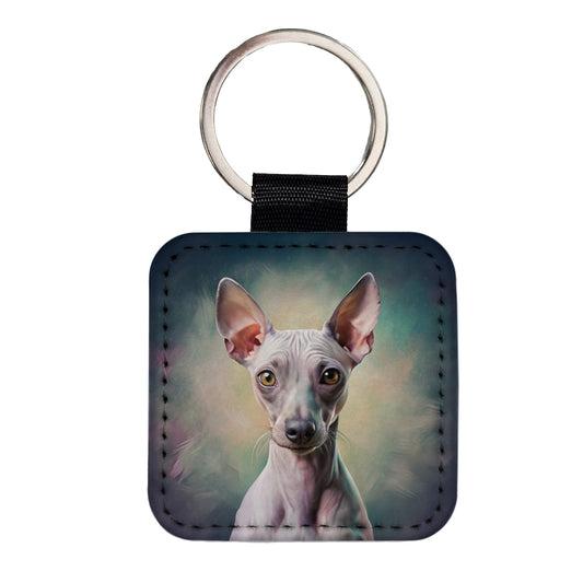 American Hairless Terrier Dog Illustration Square Faux Leather Keychain