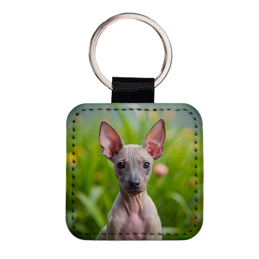 American Hairless Terrier Dog Puppy Photo Square Faux Leather Keychain