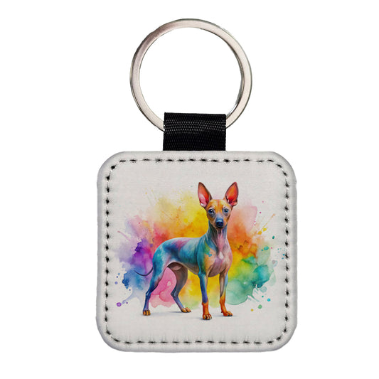 American Hairless Terrier Dog Watercolor Style Square Faux Leather Keychain