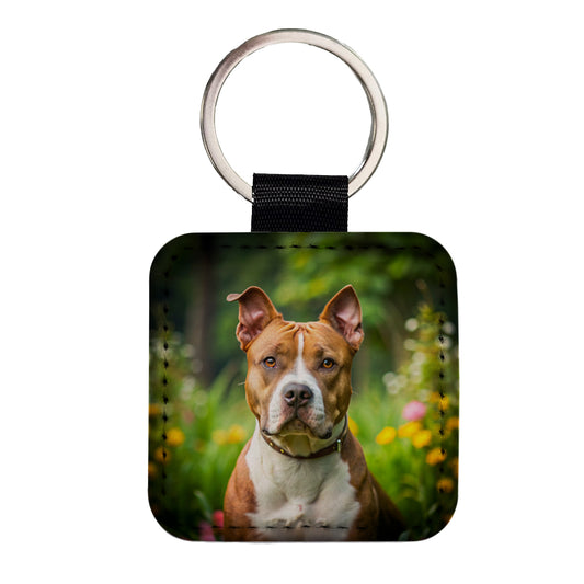 American Staffordshire Terrier Dog Photo Square Faux Leather Keychain
