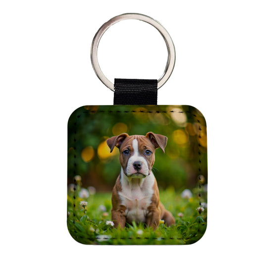 American Staffordshire Terrier Dog Puppy Photo Square Faux Leather Keychain