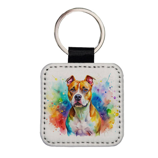 American Staffordshire Terrier Dog Watercolor Style Square Faux Leather Keychain
