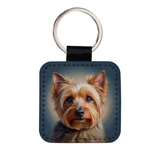 Australian Terrier Dog Illustration Square Faux Leather Keychain