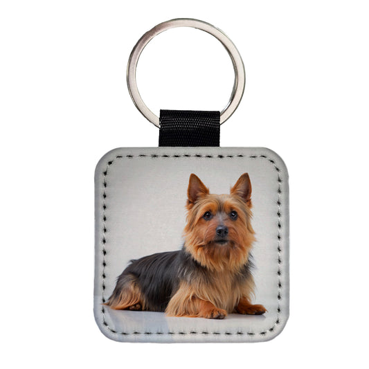 Australian Terrier Dog Photo Square Faux Leather Keychain