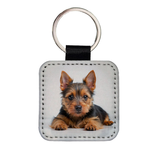 Australian Terrier Dog Puppy Photo Square Faux Leather Keychain
