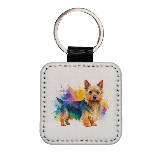 Australian Terrier Dog Watercolor Style Square Faux Leather Keychain