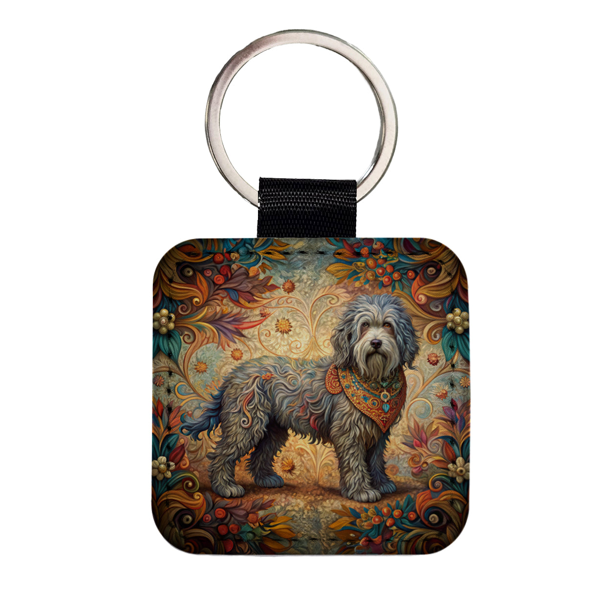 Barbet Dog Art Nouveau Square Faux Leather Keychain