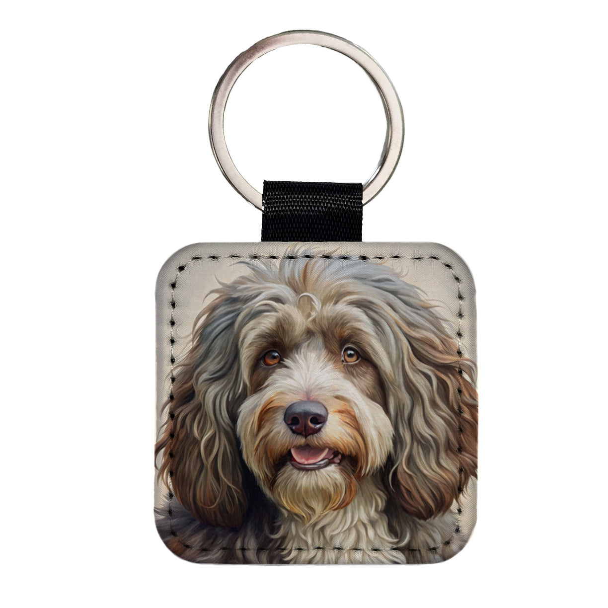 Barbet Dog Illustration Square Faux Leather Keychain