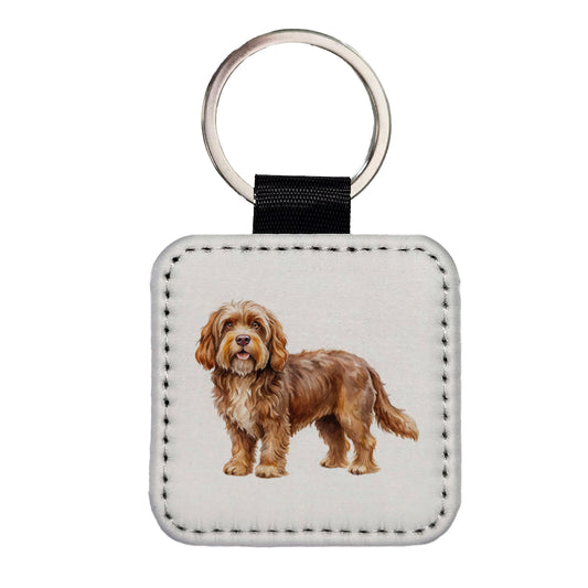 Barbet Dog Watercolor Style Square Faux Leather Keychain