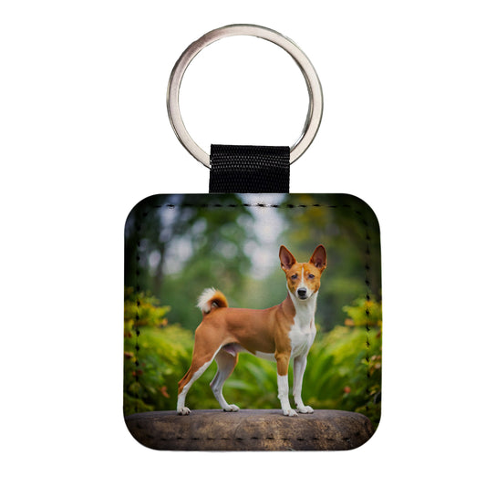 Basenji Dog Photo Square Faux Leather Keychain