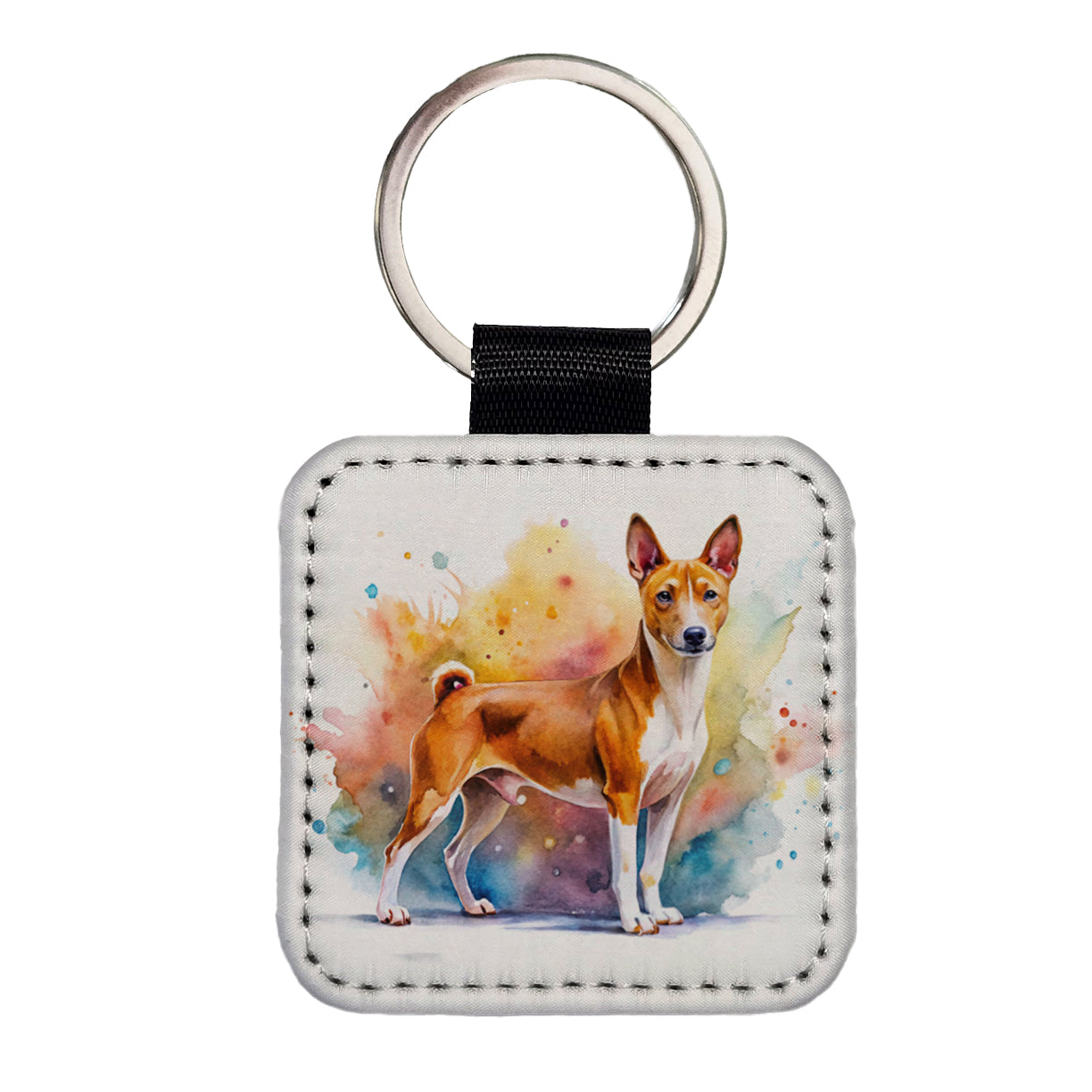 Basenji Dog Watercolor Style Square Faux Leather Keychain