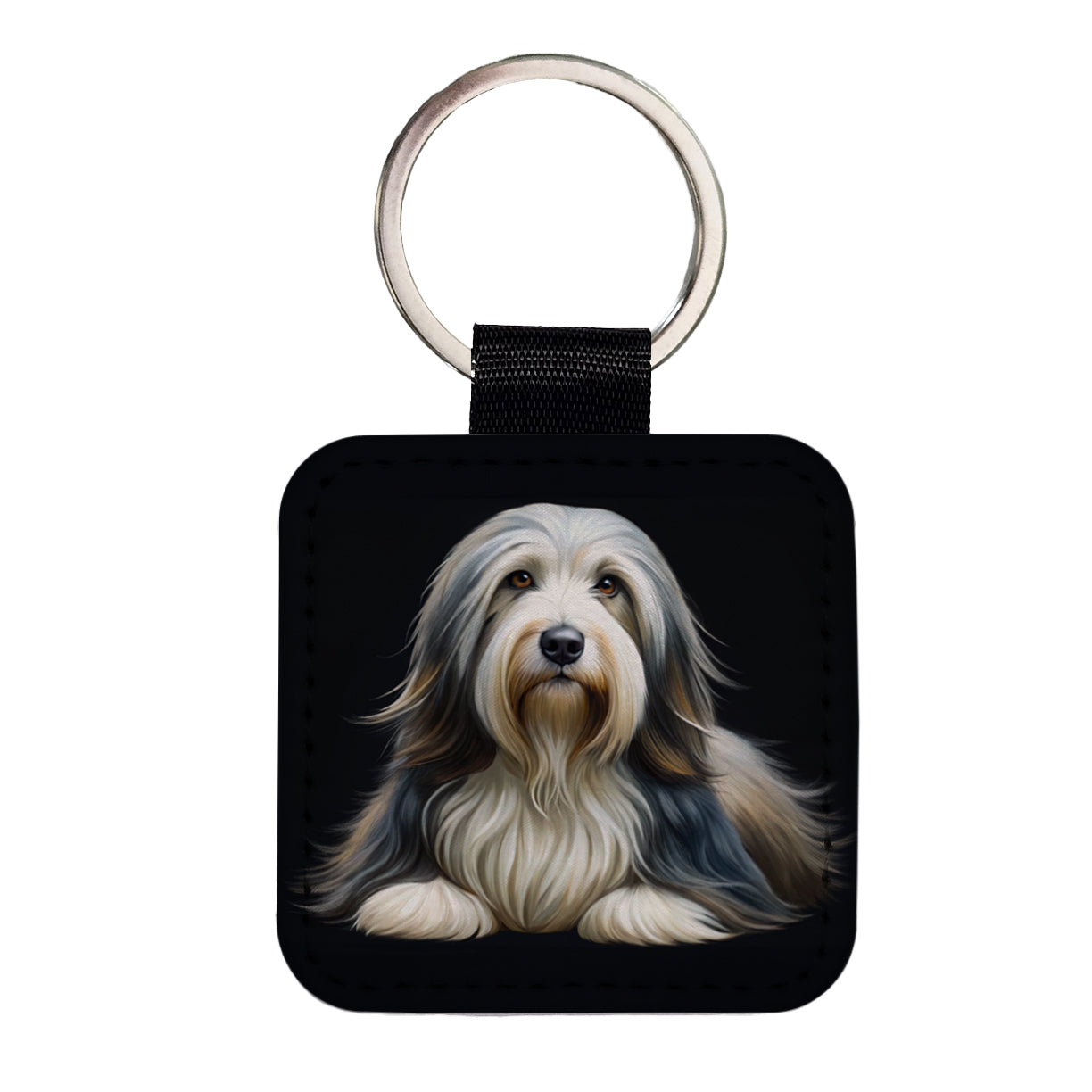 Bearded Collie Dog Illustration Square Faux Leather Keychain