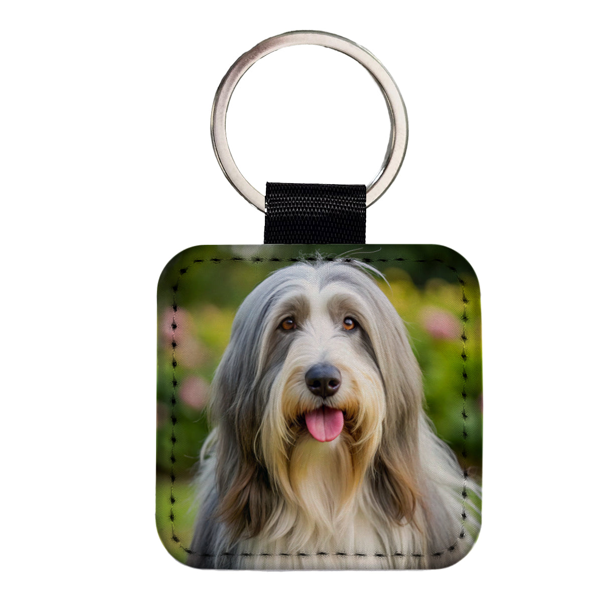 Bearded Collie Dog Photo Square Faux Leather Keychain