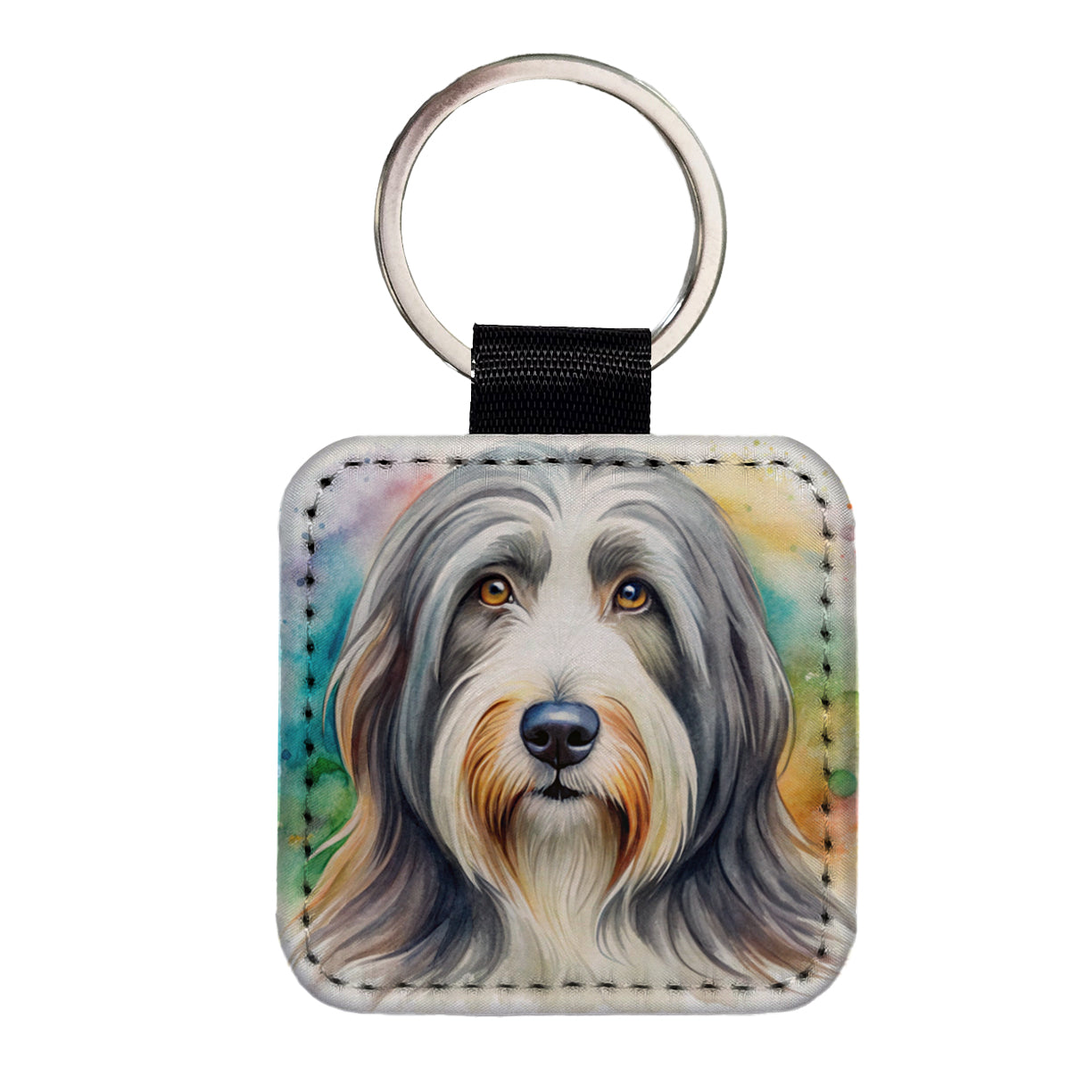 Bearded Collie Dog Watercolor Style Square Faux Leather Keychain