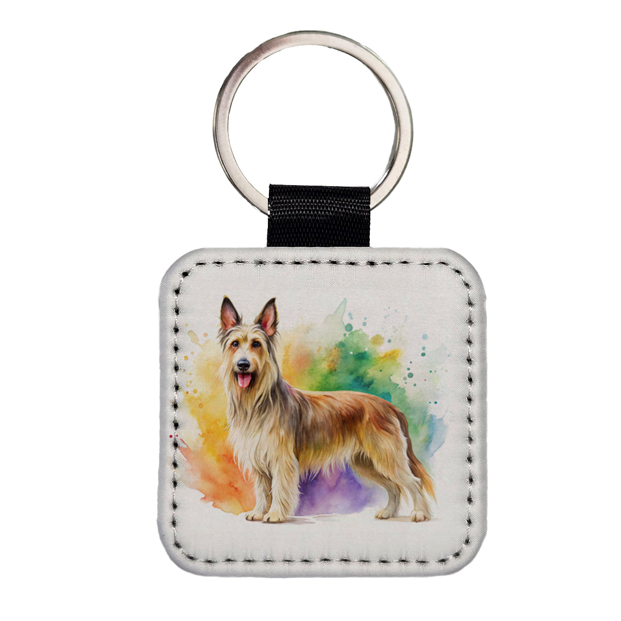 Berger Picard Dog Watercolor Style Square Faux Leather Keychain