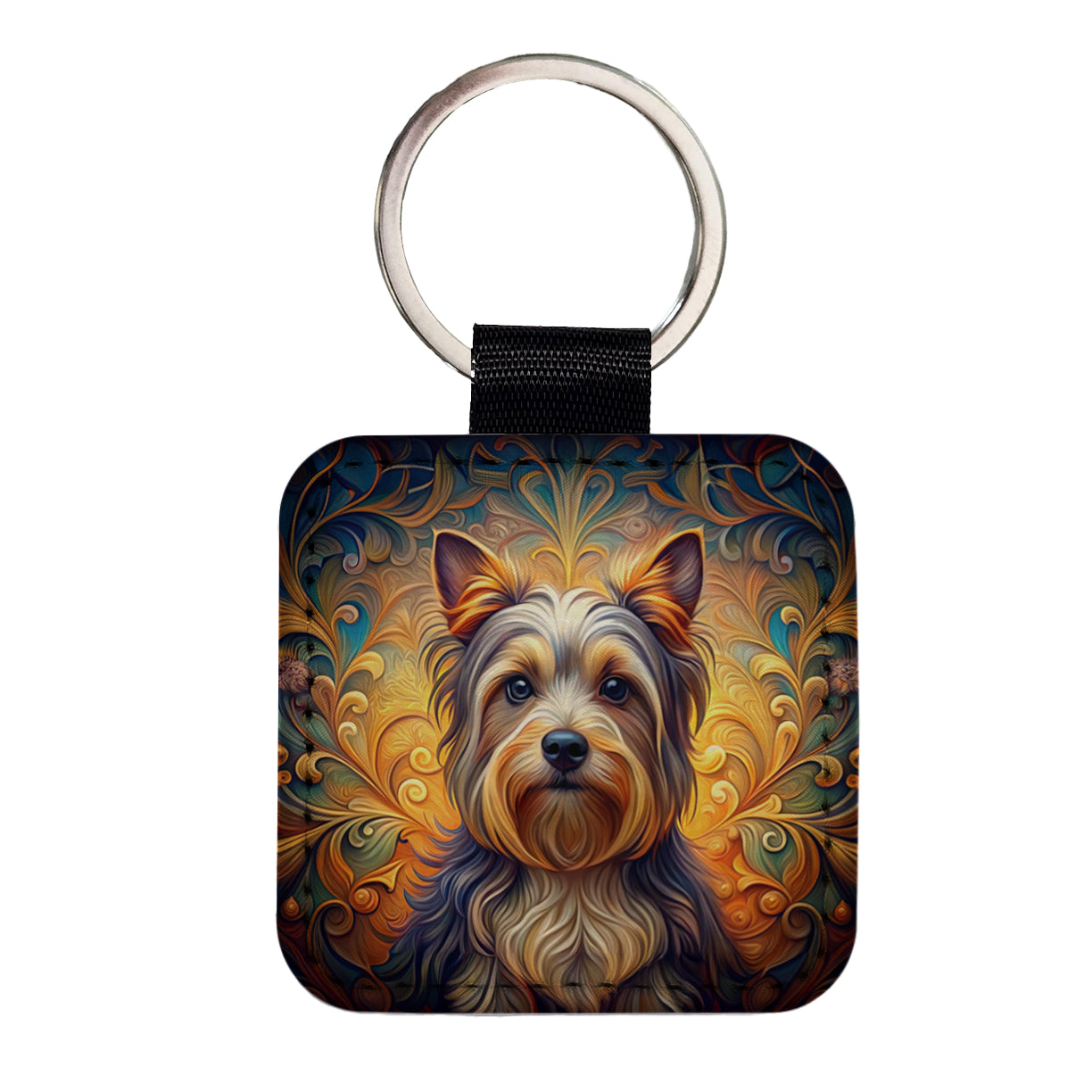 Biewer Terrier Dog Art Nouveau Square Faux Leather Keychain