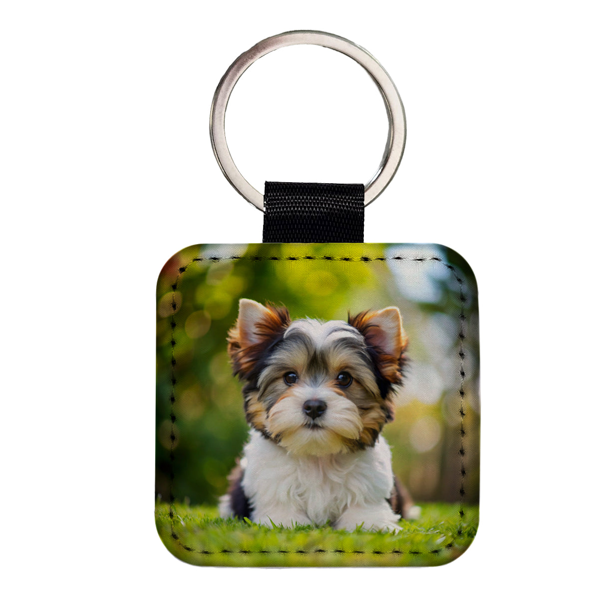 Biewer Terrier Dog Puppy Photo Square Faux Leather Keychain