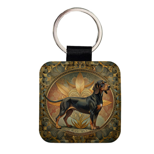 Black And Tan Coonhound Dog Art Nouveau Square Faux Leather Keychain