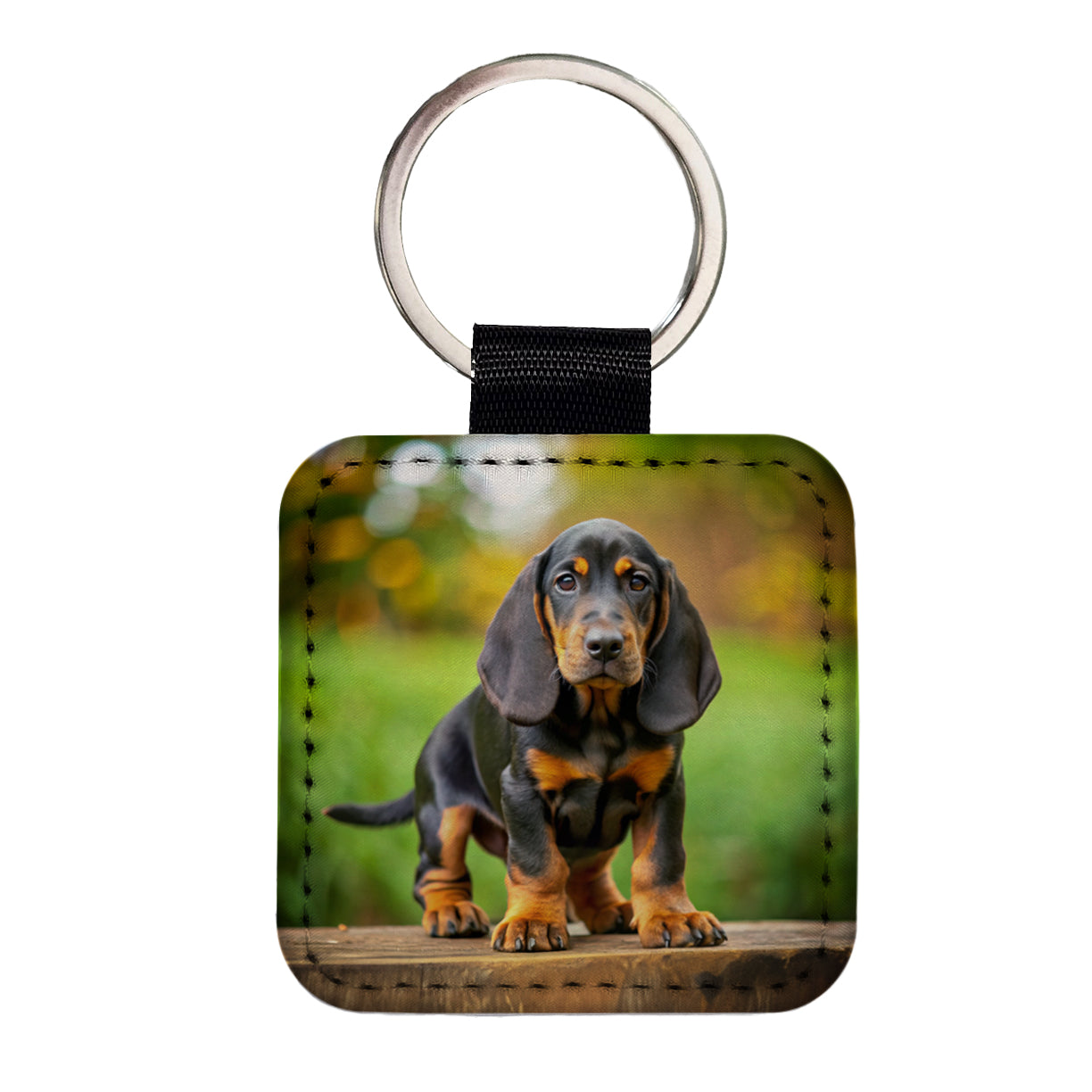 Black And Tan Coonhound Dog Puppy Photo Square Faux Leather Keychain