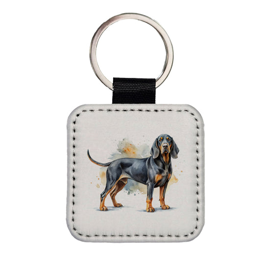 Black And Tan Coonhound Dog Watercolor Style Square Faux Leather Keychain