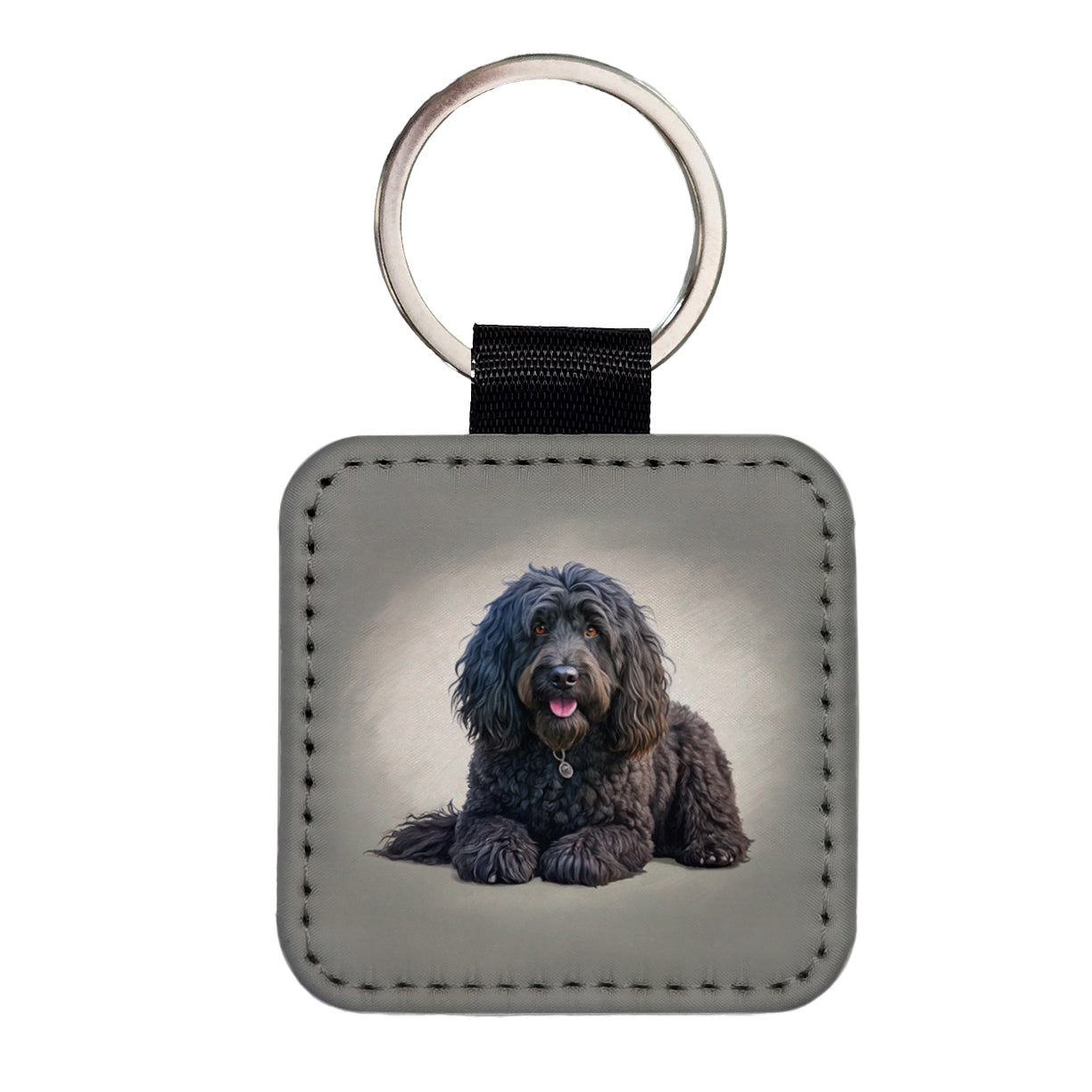 Black Russian Terrier Dog Illustration Square Faux Leather Keychain