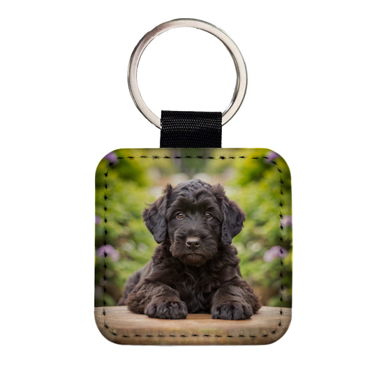 Black Russian Terrier Dog Puppy Photo Square Faux Leather Keychain