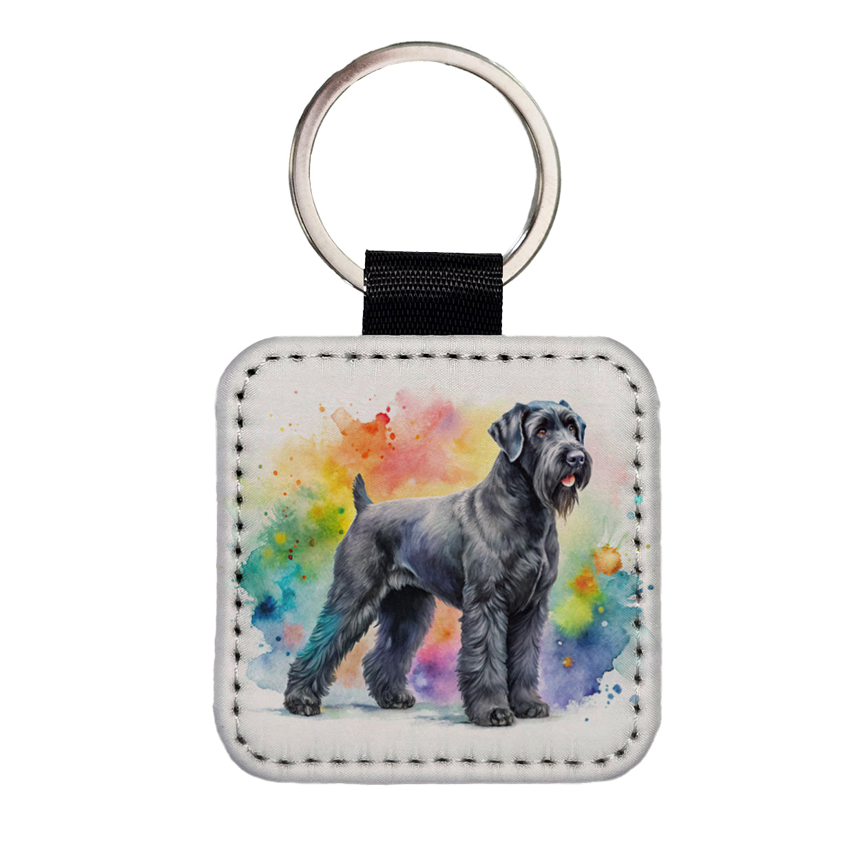Black Russian Terrier Dog Watercolor Style Square Faux Leather Keychain