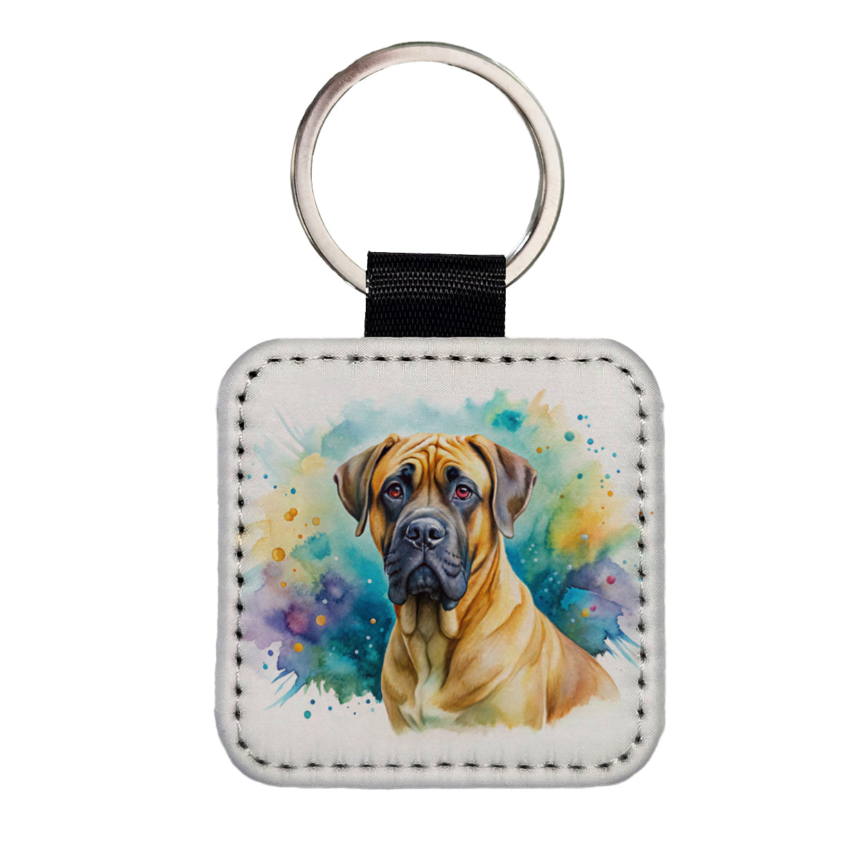 Boerboel Dog Watercolor Style Square Faux Leather Keychain