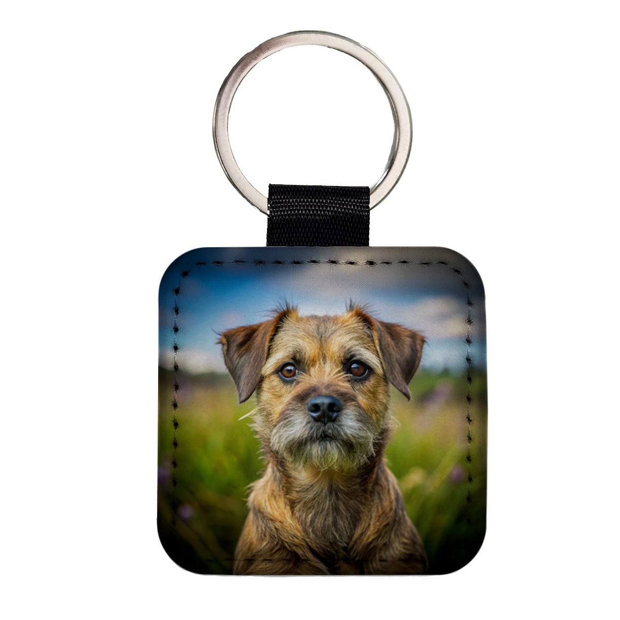 Border Terrier Dog Photo Square Faux Leather Keychain